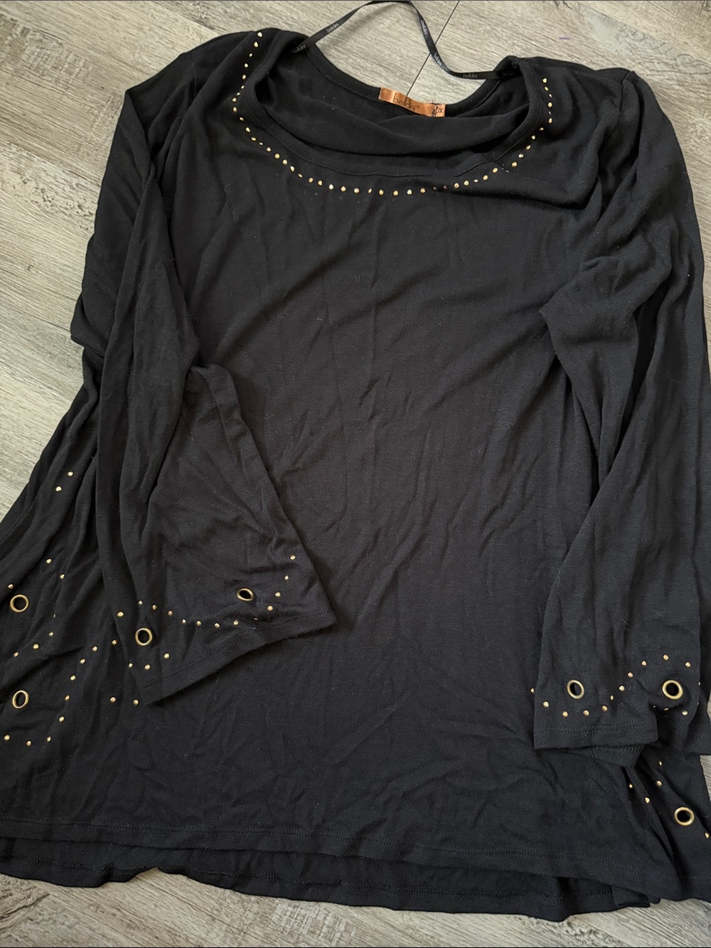 Bellini Black Long Sleeve Tee with Gold Grommet Detail